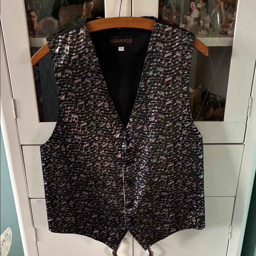 Atlantis New York sz S Tuxedo Multi Color Metallic Music Note Vest euc